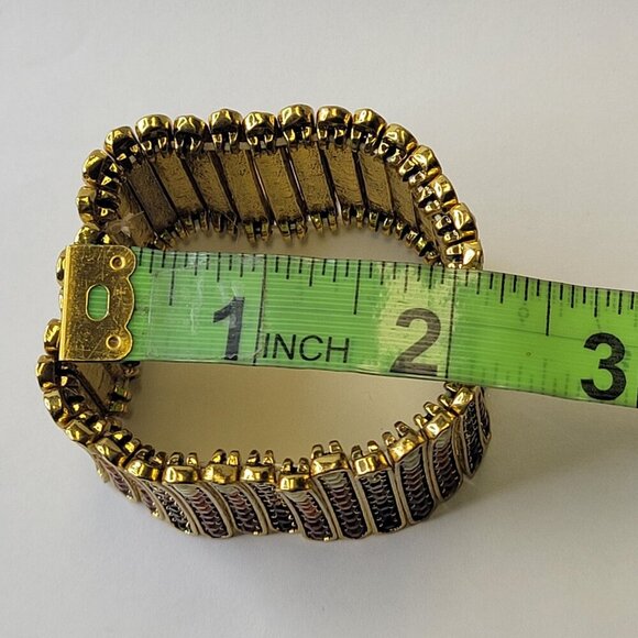 Gold Tone and Brown Wide Cuff Embellished Stretchy Bracelet - Picture 5 of 12
